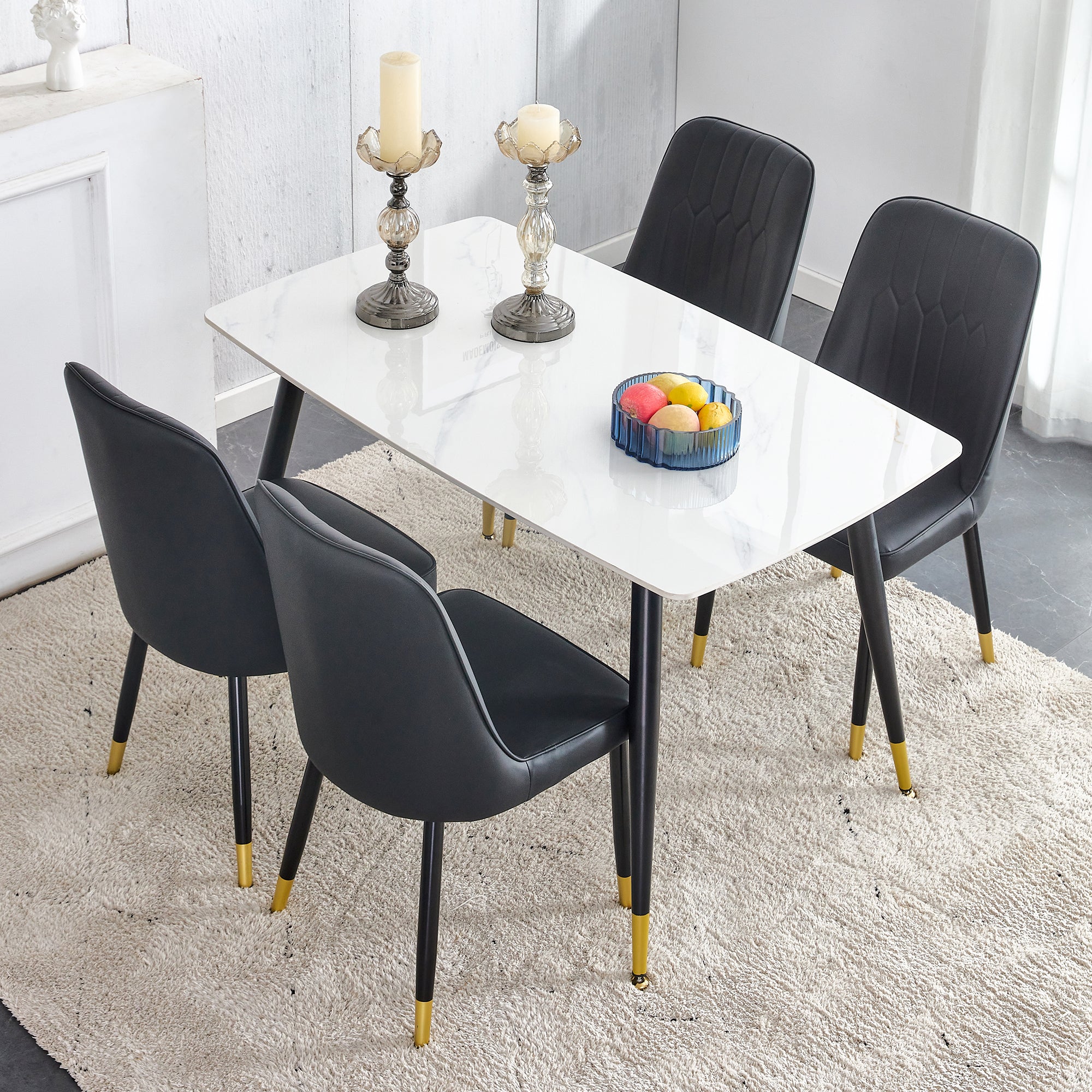 Table And Chair Set. White Imitation Marble Stone Tabletop With Black Metal Legs. Black Pu Leather Backrest And Black Metal Leg Chair. 1 Table And 4 Chairs F 001 C 007 White Sintered Stone