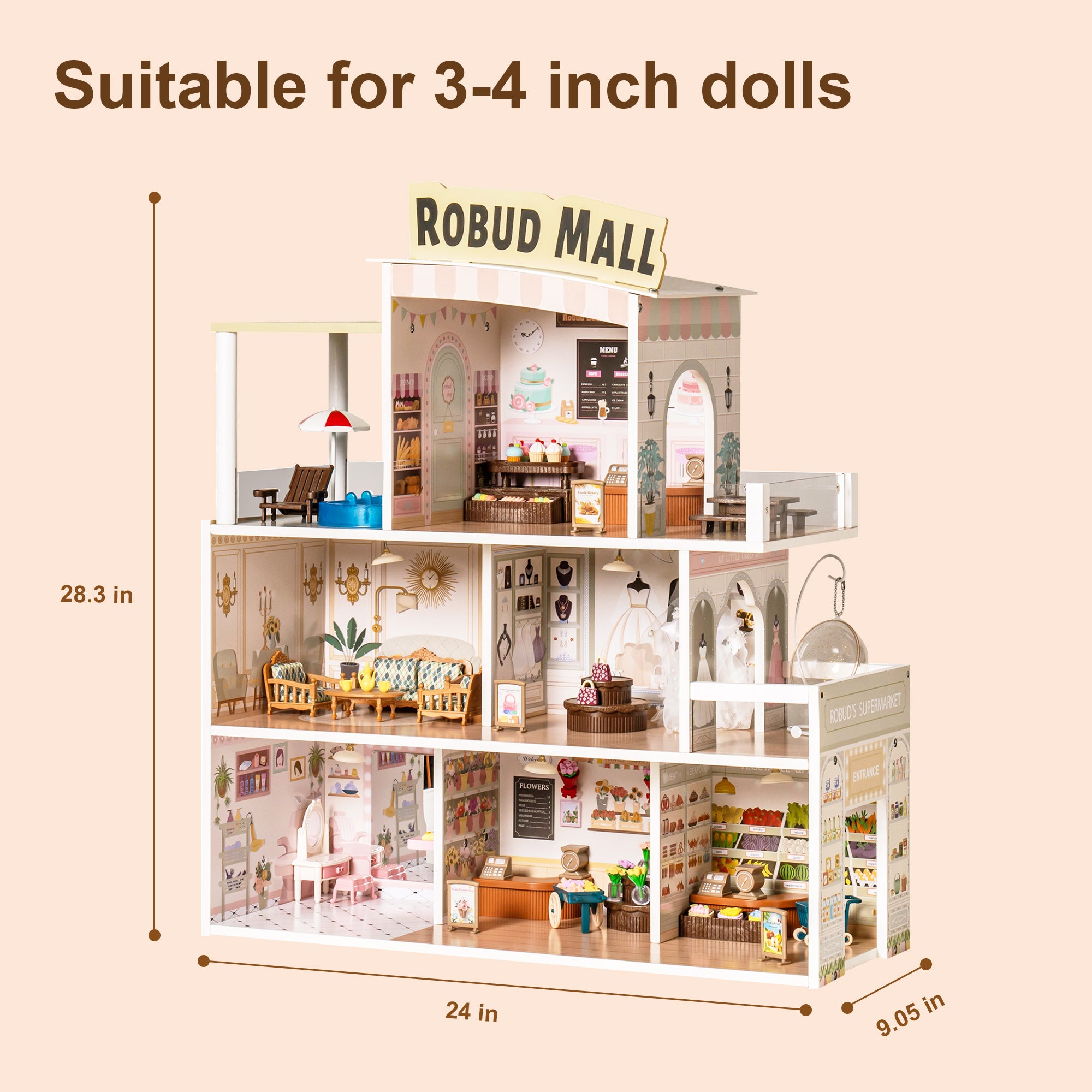 Wooden Shopping Mall Dollhouse, Pretend Playset