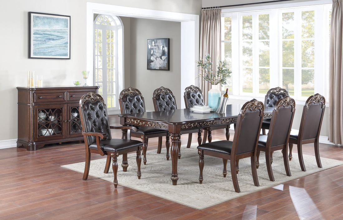 Traditional Brown Finish 9Pc Dining Set Table W 2X Arm Chairs 6X Side Chairs Rubber Wood Intricate Design Tufted Back Cushion Seat Dining Room Furniture Brown Wood Dining Room Extendable Rubberwood Rectangular Dining Table With Chair Upholstered Chair