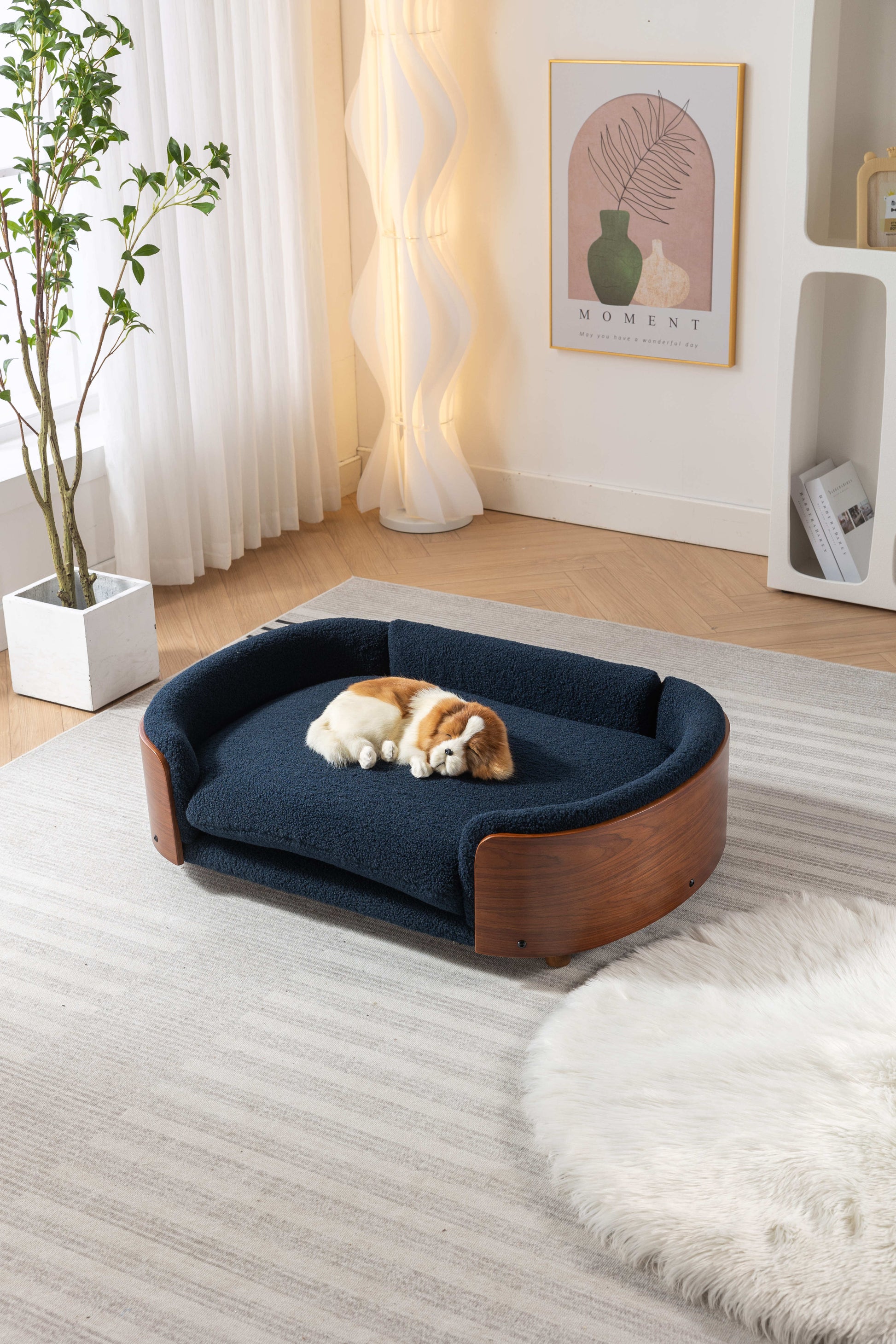 Scandinavian Style Elevated Dog Bed Pet Sofa With Solid Wood Legs And Walnut Bent Wood Back, Cashmere Cushion,Large Size Dark Blue Foam Solid Wood