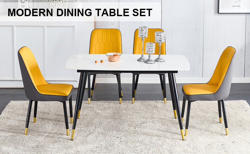 Table And Chair Set. White Imitation Marble Patterned Burnt Stone Tabletop With Black Metal Legs. Orange Deep Gray Dual Tone Pu Leather Backrest And Black Metal Leg Chair. 1 Table And 4 Chairs 001 007 White Sintered Stone