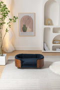 Scandinavian Style Elevated Dog Bed Pet Sofa With Solid Wood Legs And Walnut Bent Wood Back, Cashmere Cushion,Small Size Dark Blue Foam Solid Wood