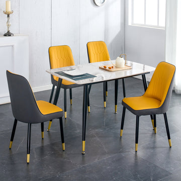 Table And Chair Set. Patterned Sintered Stone Tabletop With Black Metal Legs. Orange Yellow And Gray Dual Color Pu Backrest Cushion And Black Metal Leg Chair.1 Table And 4 Chair.001 007 White Sintered Stone