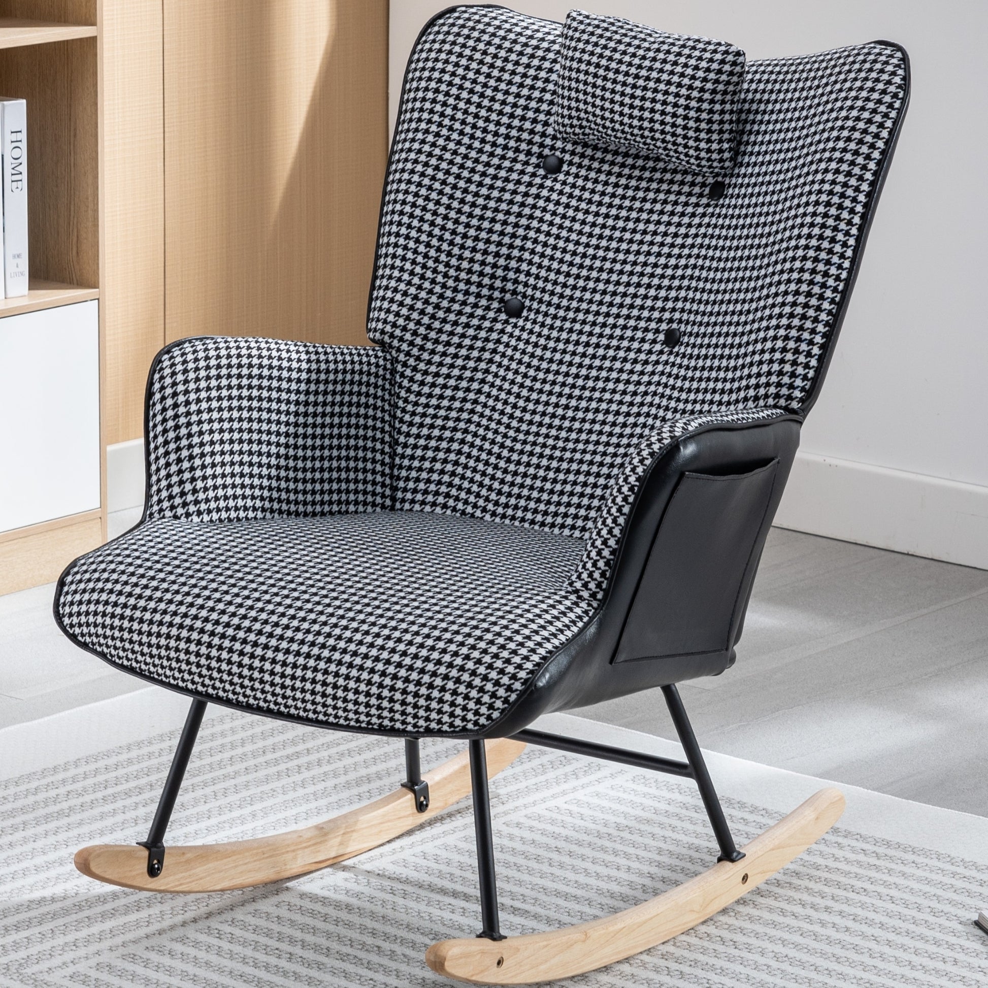 35.5 Inch Rocking Chair, Soft Houndstooth Fabric Leather Fabric Rocking Chair For Nursery, Comfy Wingback Glider Rocker With Safe Solid Wood Base For Living Room Bedroom Balcony Black Black White Casual Foam Cotton Linen