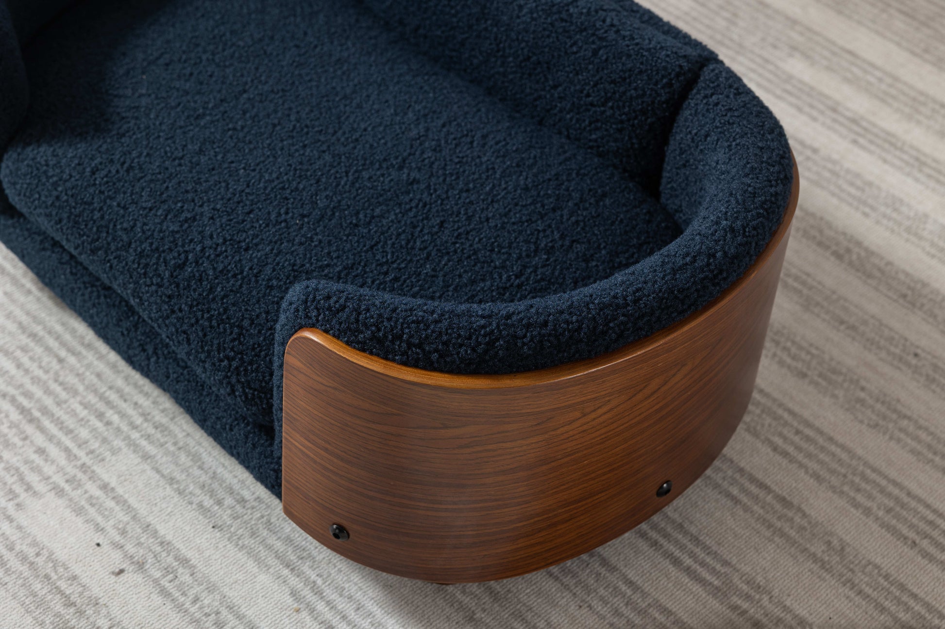 Scandinavian Style Elevated Dog Bed Pet Sofa With Solid Wood Legs And Walnut Bent Wood Back, Cashmere Cushion,Small Size Dark Blue Foam Solid Wood