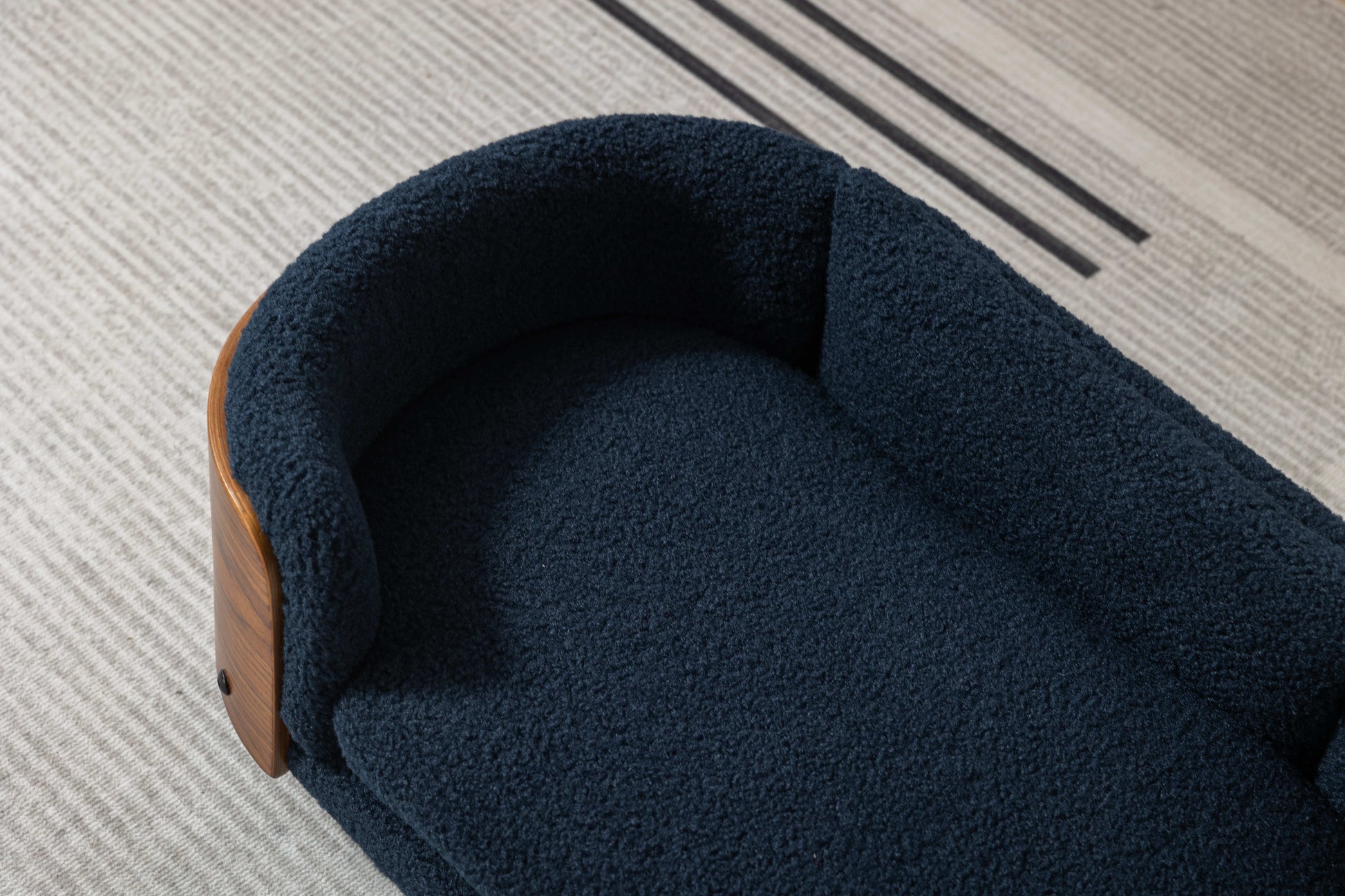 Scandinavian Style Elevated Dog Bed Pet Sofa With Solid Wood Legs And Walnut Bent Wood Back, Cashmere Cushion,Small Size Dark Blue Foam Solid Wood