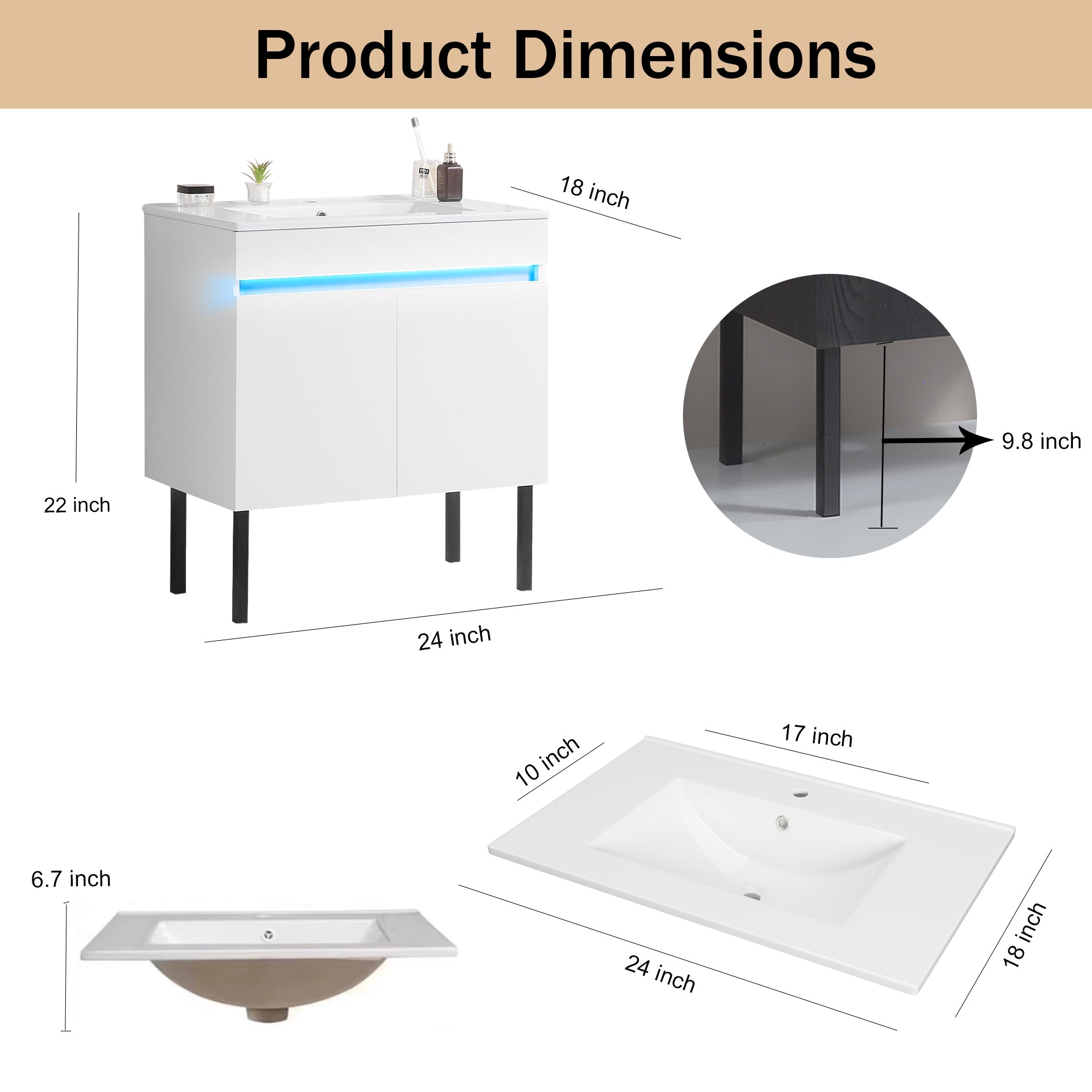 24" Bathroom Vanity with Sink, Radar Sensing Light white-solid wood