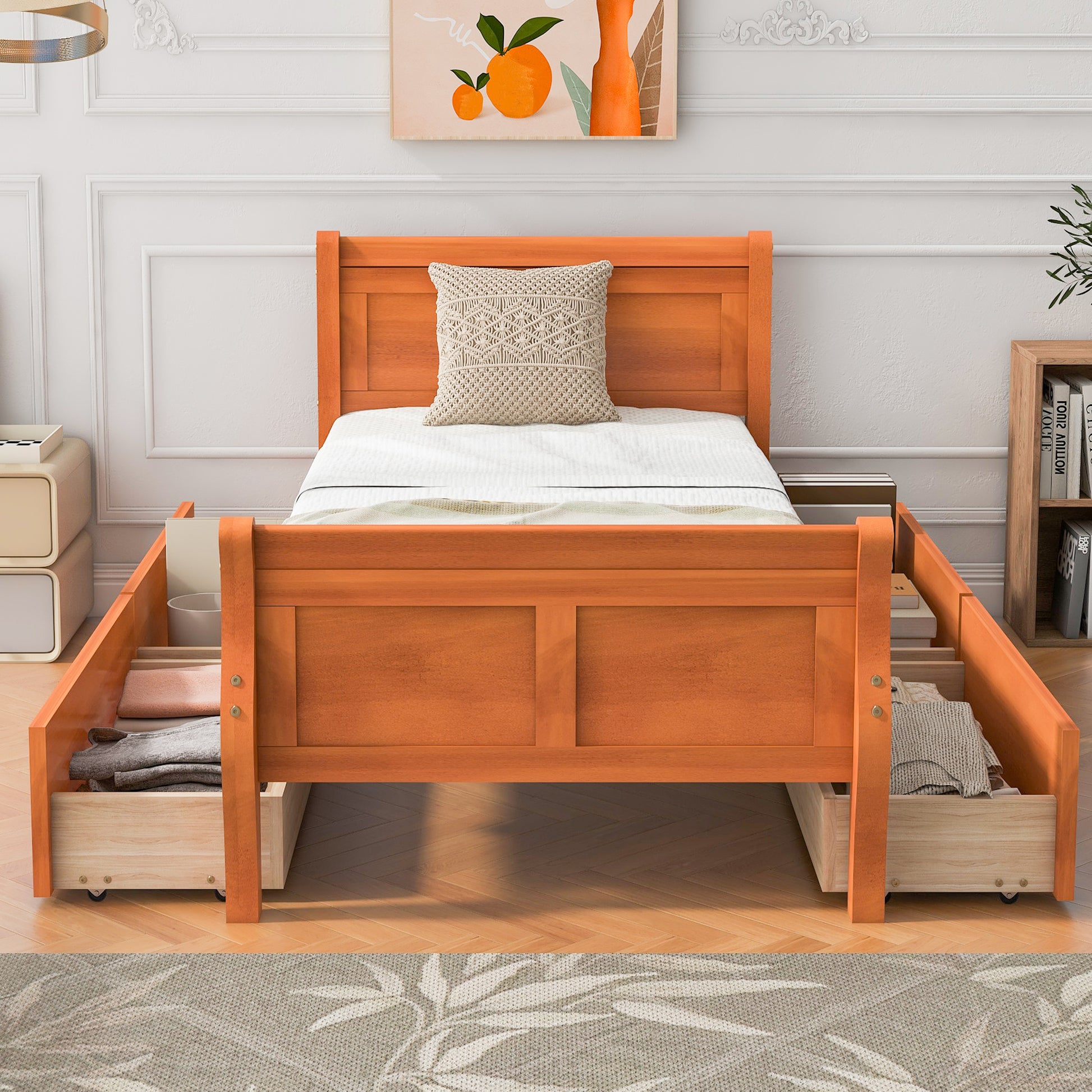 Twin Size Wood Platform Bed With 4 Drawers And Streamlined Headboard & Footboard, Oak Oak Solid Wood Mdf