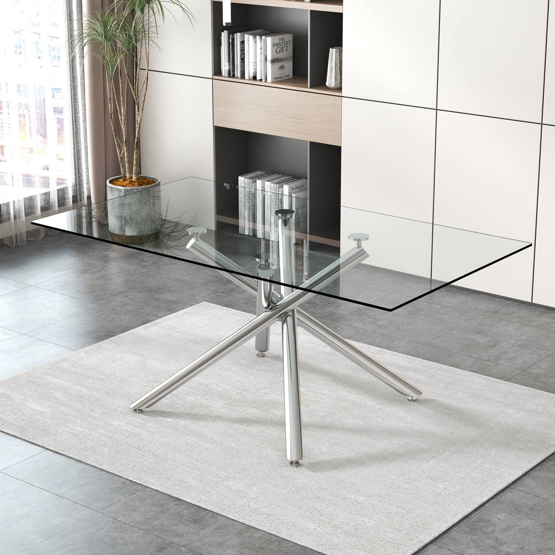 Large Modern Minimalist Rectangular Glass Dining Table For 6 8 With 0.39" Tempered Glass Tabletop And Silver Chrome Metal Legs, For Kitchen Dining Living Meeting Room Banquet Hall, 71''X39''X29''1537 Silver Glass