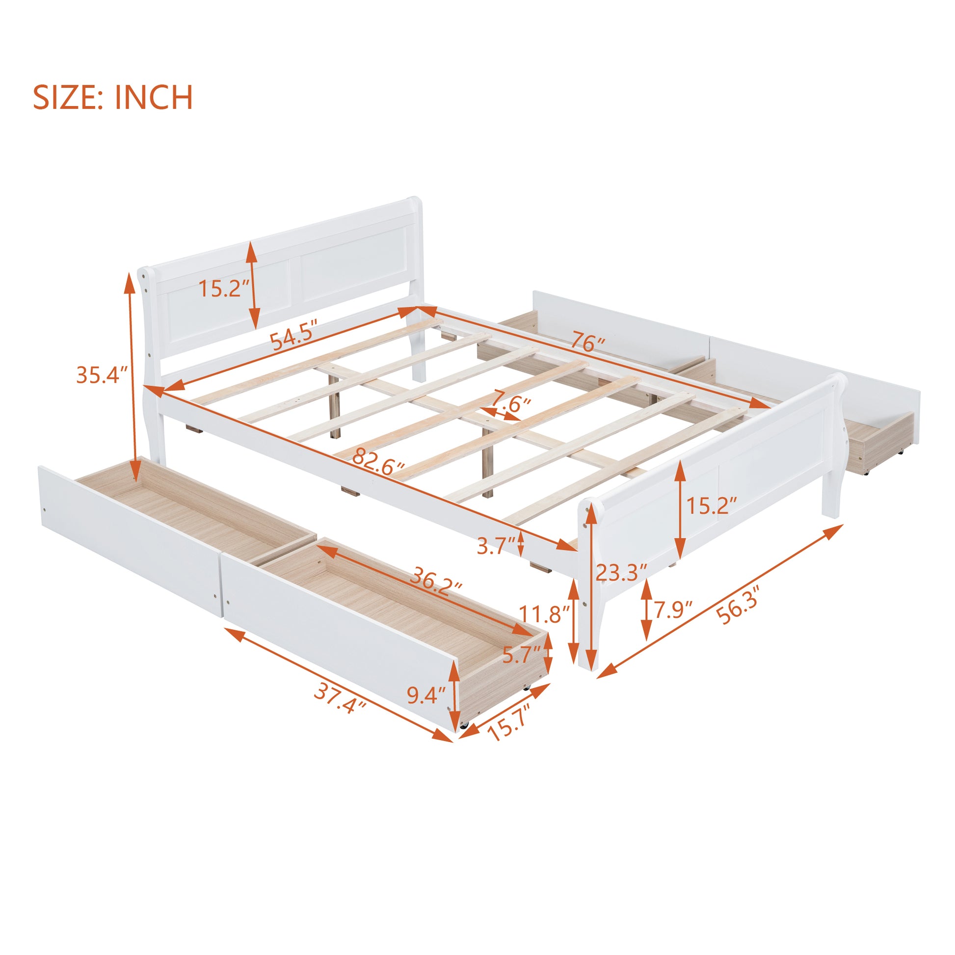 Full Size Wood Platform Bed With 4 Drawers And Streamlined Headboard & Footboard, White White Solid Wood Mdf