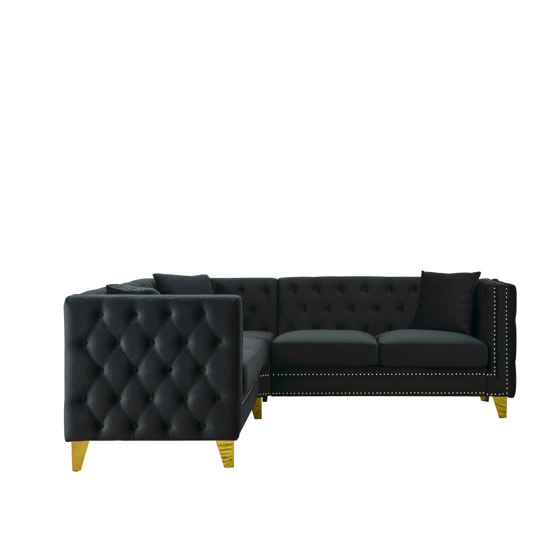 82.2 Inch Velvet Corner Sofa, L Shaped Sectional Couch, 5 Seater Corner Sofas With 3 Cushions For Living Room, Bedroom, Apartment, Office Black Foam Velvet