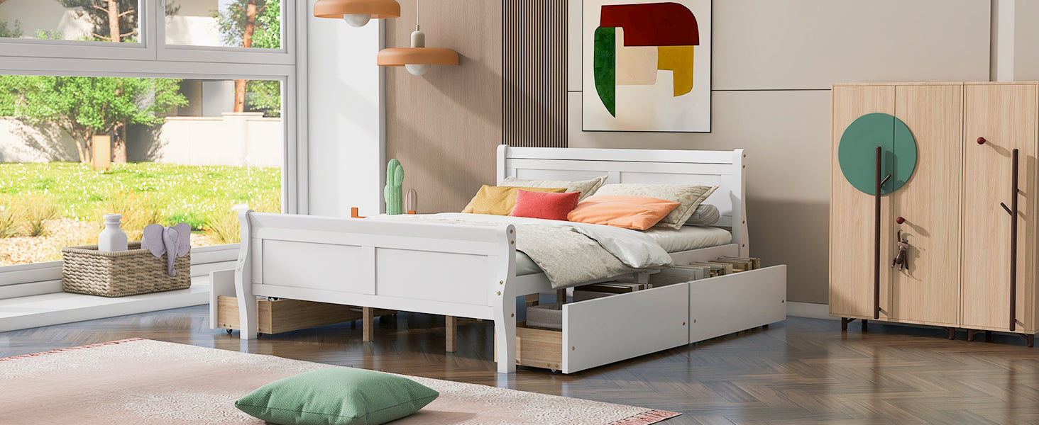 Queen Size Wood Platform Bed With 4 Drawers And Streamlined Headboard & Footboard, White Queen White Solid Wood Mdf