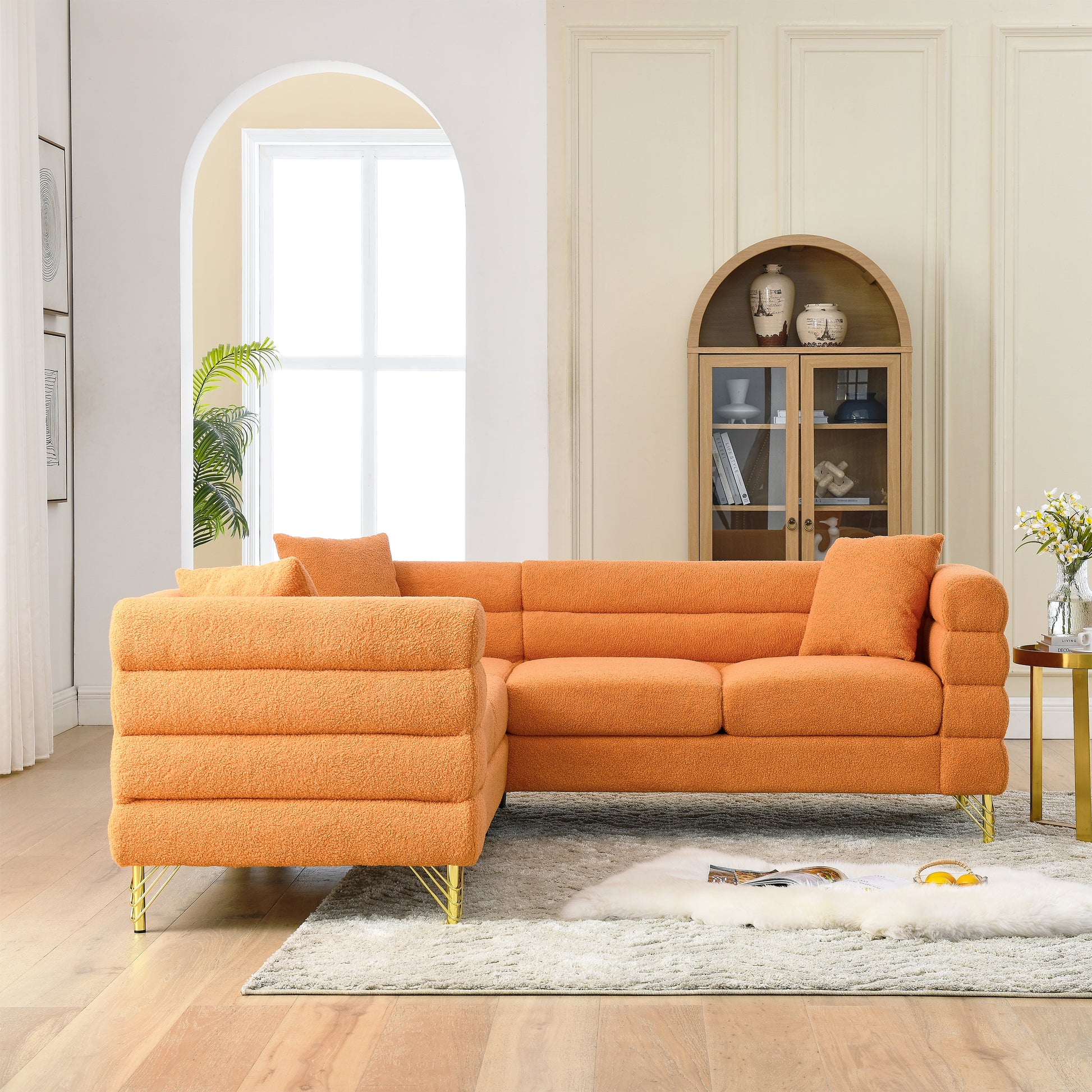 81.5 Inch Oversized Corner Sofa, L Shaped Sectional Couch,5 Seater Corner Sofas With 3 Cushions For Living Room, Bedroom, Apartment, Office Orange Foam Teddy