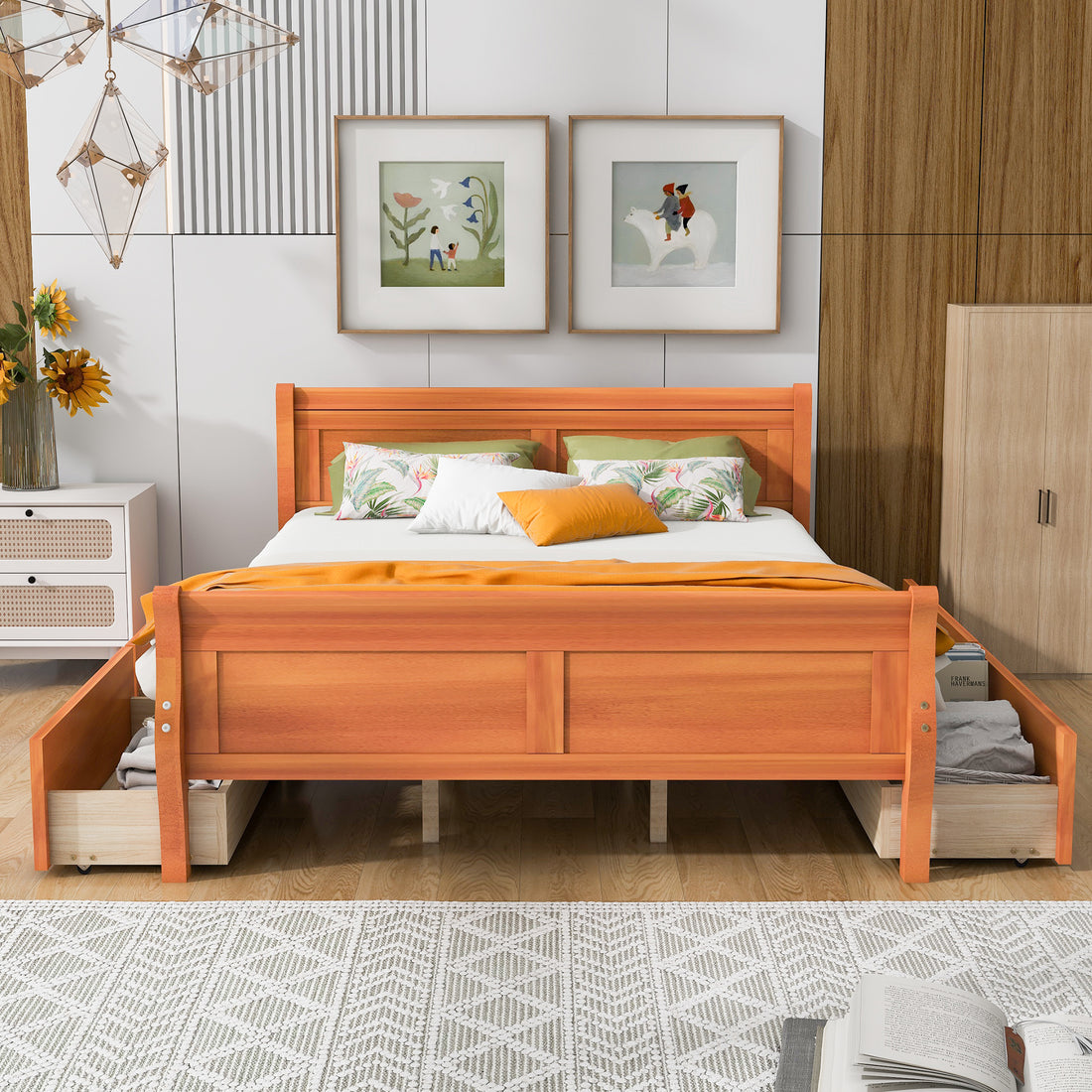 Queen Size Wood Platform Bed With 4 Drawers And Streamlined Headboard & Footboard, Oak Queen Oak Solid Wood Mdf