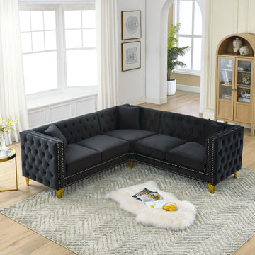 82.2 Inch Velvet Corner Sofa, L Shaped Sectional Couch, 5 Seater Corner Sofas With 3 Cushions For Living Room, Bedroom, Apartment, Office Black Foam Velvet