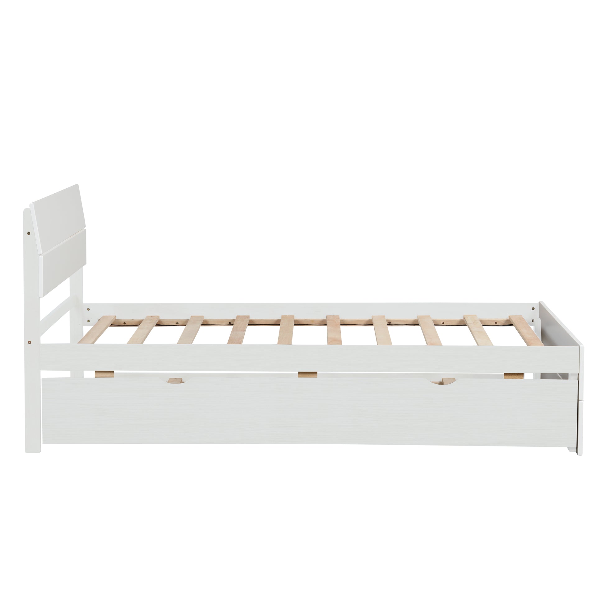 Modern Twin Bed Frame With Twin Trundle For White High Gloss Headboard And Footboard With Creamy White Color Twin Creamy White,White Bedroom Mdf,Rubber Wood