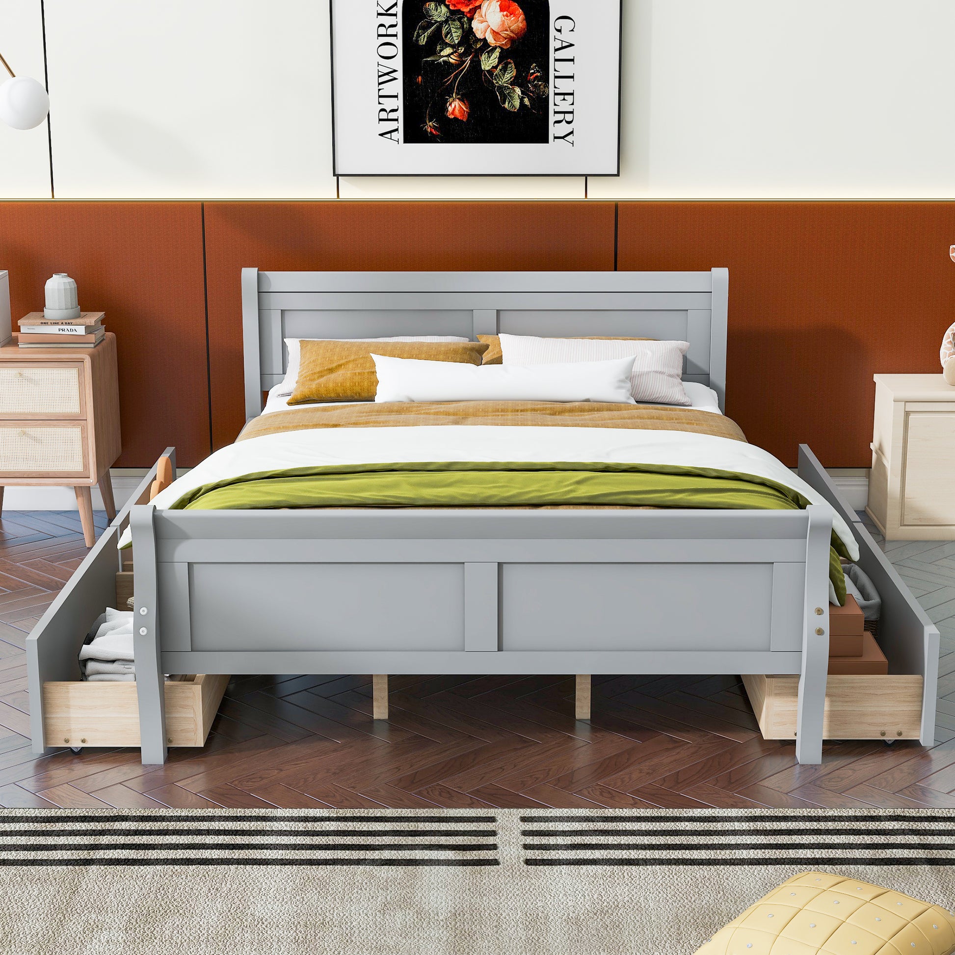 Queen Size Wood Platform Bed With 4 Drawers And Streamlined Headboard & Footboard, Gray Queen Gray Solid Wood Mdf