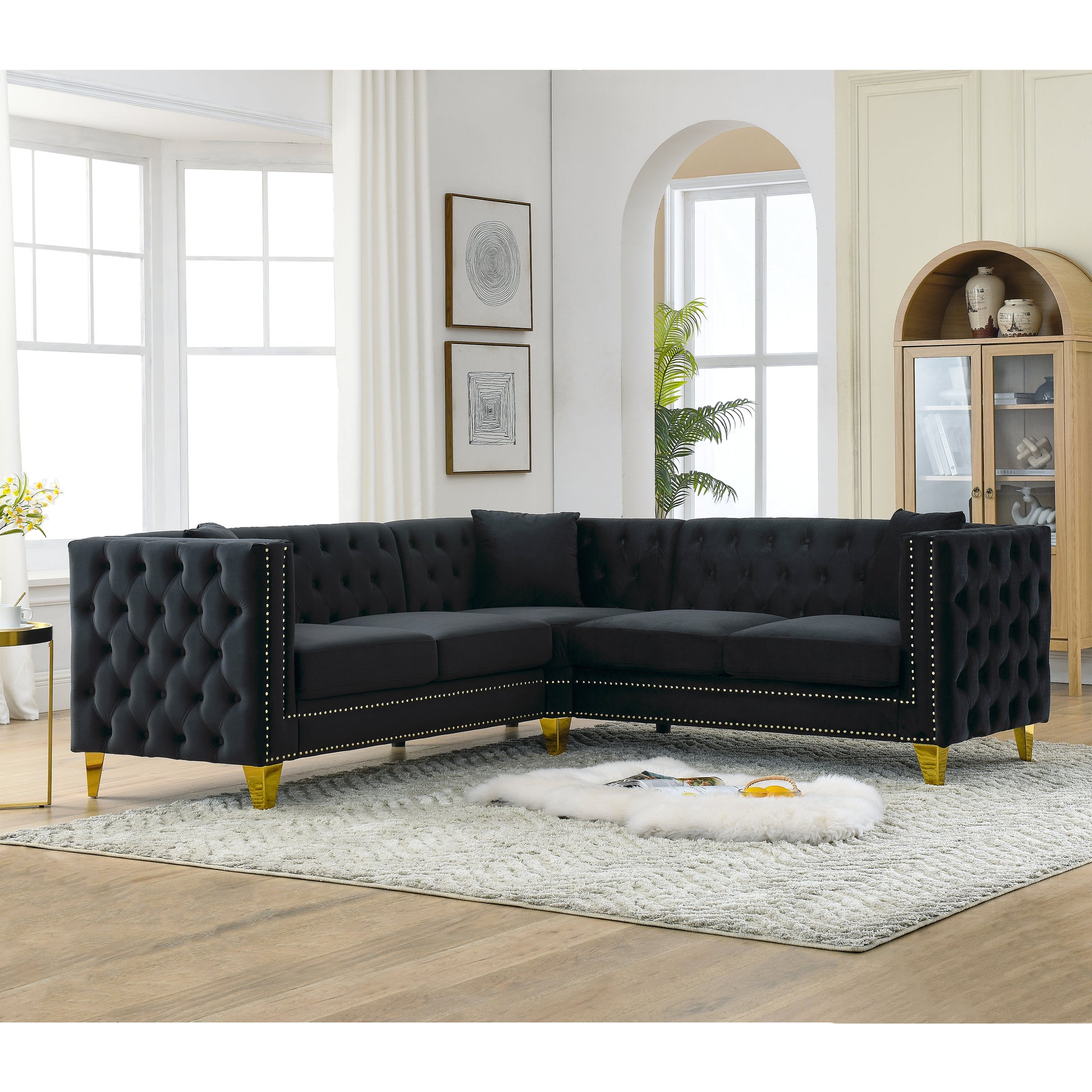 82.2 Inch Velvet Corner Sofa, L Shaped Sectional Couch, 5 Seater Corner Sofas With 3 Cushions For Living Room, Bedroom, Apartment, Office Black Foam Velvet