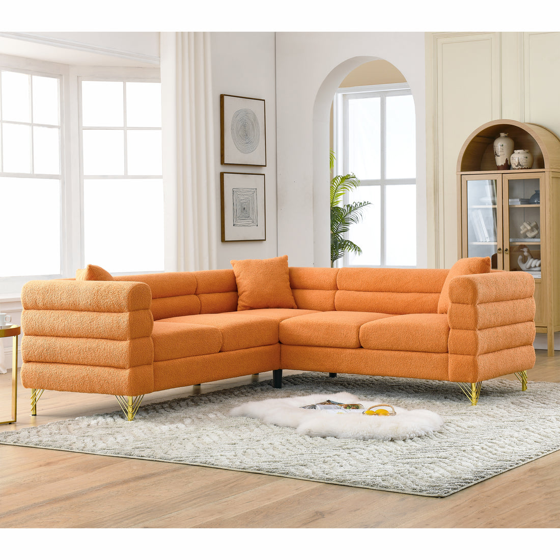 81.5 Inch Oversized Corner Sofa, L Shaped Sectional Couch,5 Seater Corner Sofas With 3 Cushions For Living Room, Bedroom, Apartment, Office Orange Foam Teddy