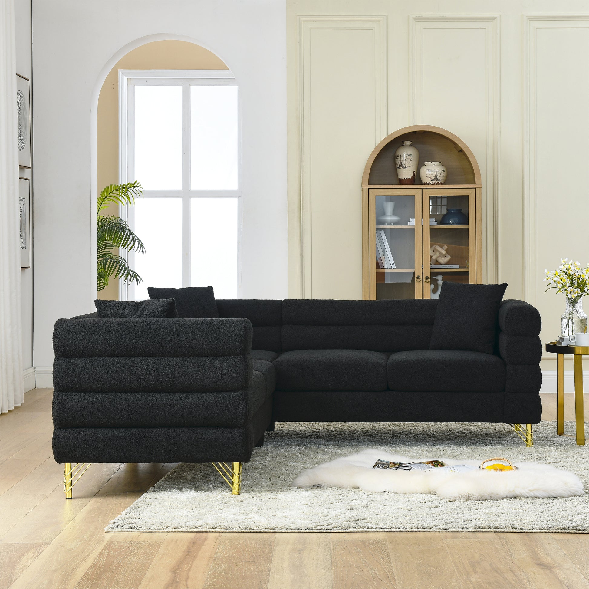 81.5 Inch Oversized Corner Sofa, L Shaped Sectional Couch,5 Seater Corner Sofas With 3 Cushions For Living Room, Bedroom, Apartment, Office Black Foam Teddy