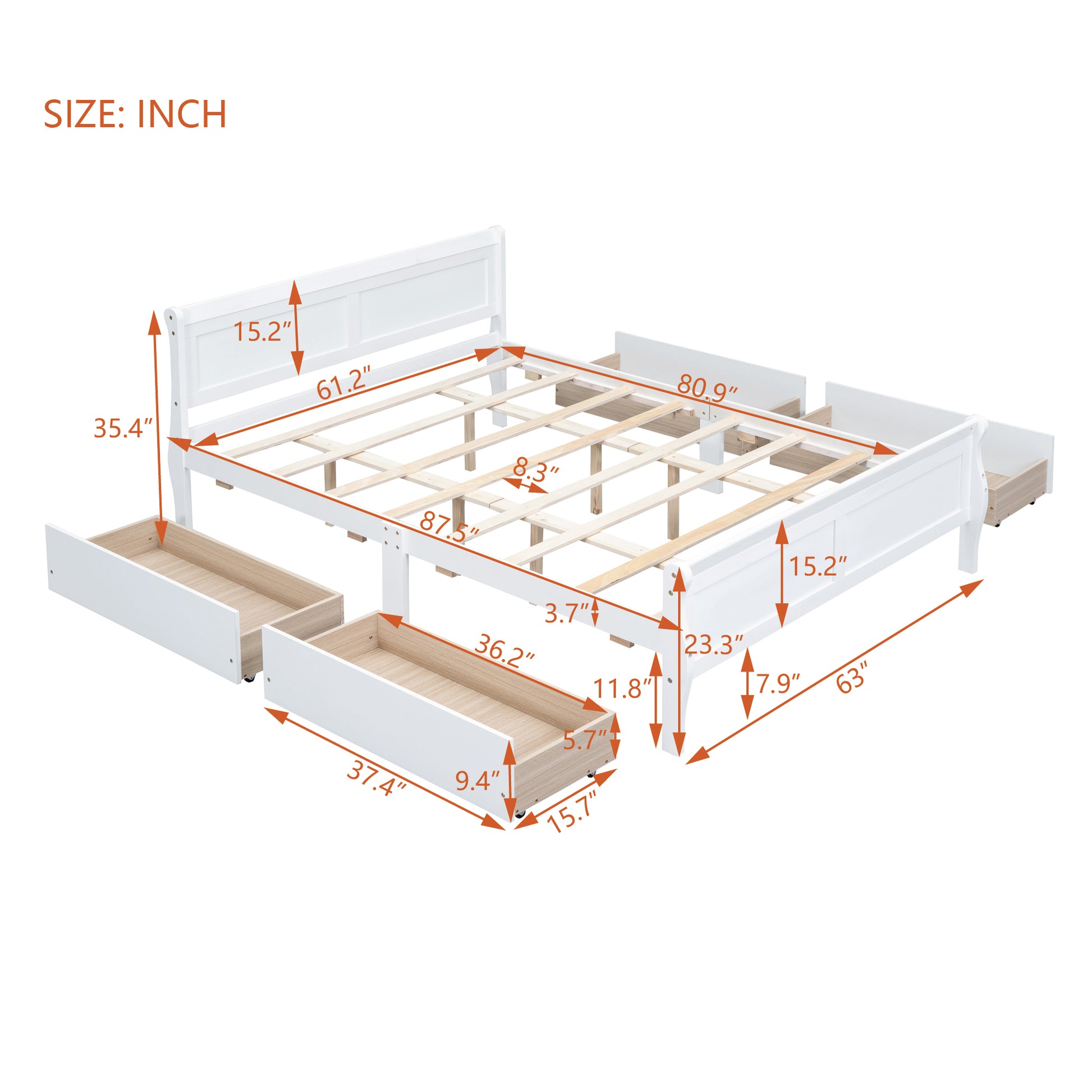 Queen Size Wood Platform Bed With 4 Drawers And Streamlined Headboard & Footboard, White Queen White Solid Wood Mdf