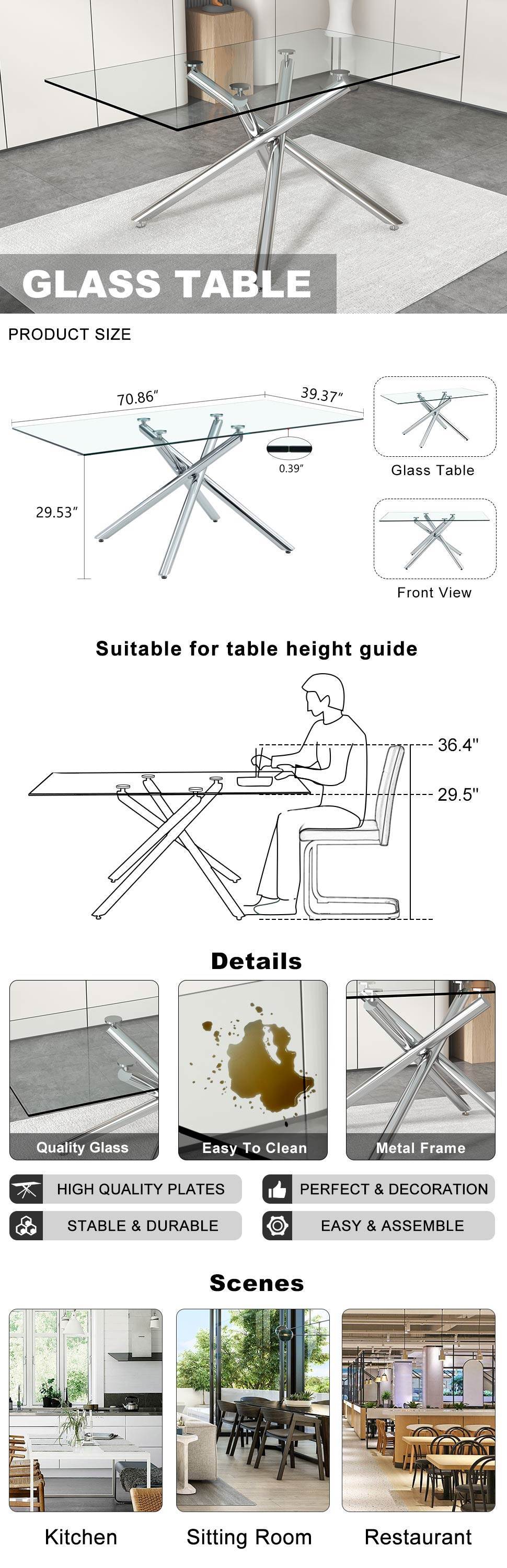 Large Modern Minimalist Rectangular Glass Dining Table For 6 8 With 0.39" Tempered Glass Tabletop And Silver Chrome Metal Legs, For Kitchen Dining Living Meeting Room Banquet Hall, 71''X39''X29''1537 Silver Glass