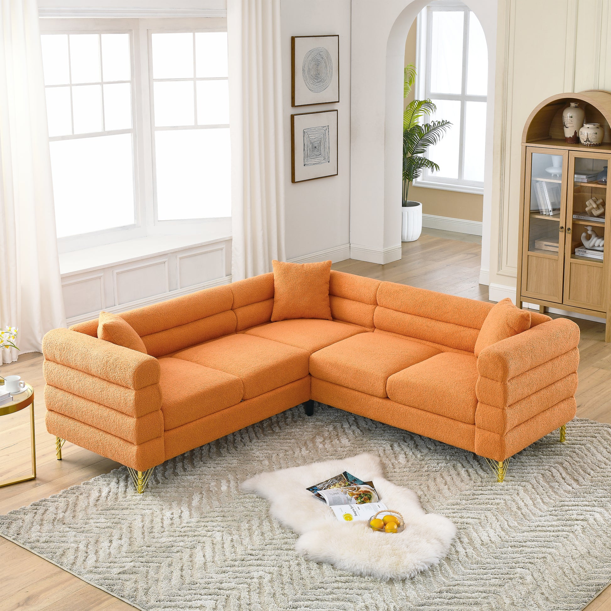 81.5 Inch Oversized Corner Sofa, L Shaped Sectional Couch,5 Seater Corner Sofas With 3 Cushions For Living Room, Bedroom, Apartment, Office Orange Foam Teddy