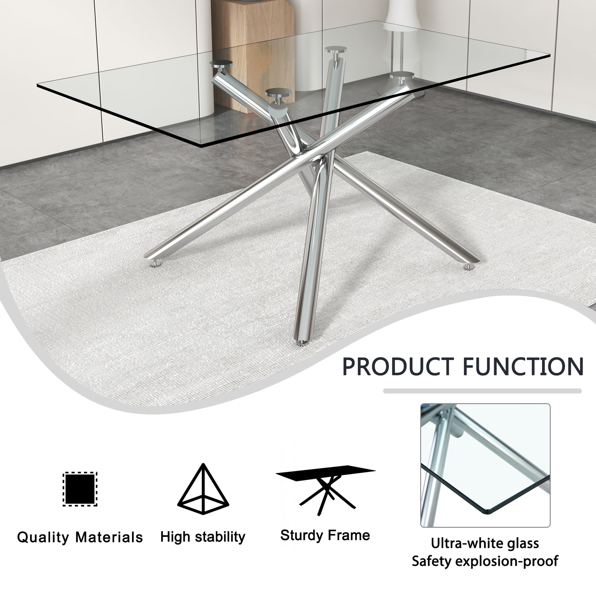 Large Modern Minimalist Rectangular Glass Dining Table For 6 8 With 0.39" Tempered Glass Tabletop And Silver Chrome Metal Legs, For Kitchen Dining Living Meeting Room Banquet Hall, 71''X39''X29''1537 Silver Glass