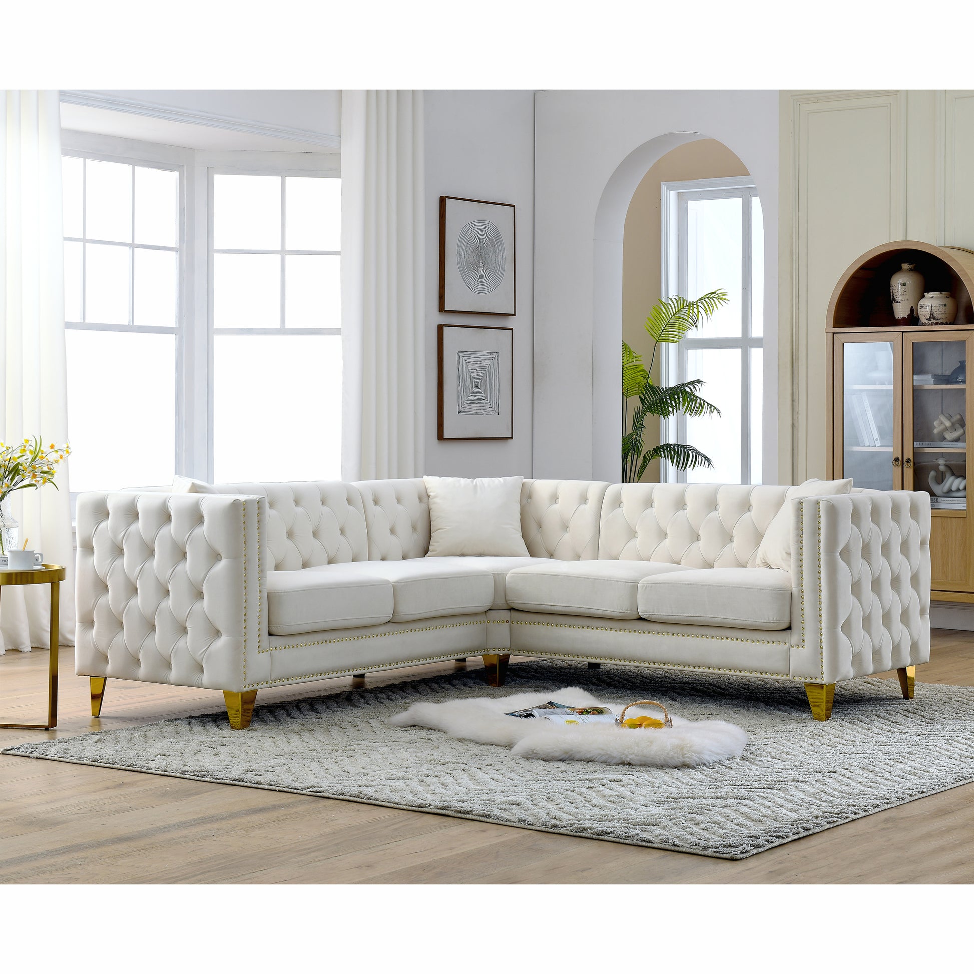 82.2 Inch Velvet Corner Sofal Shaped Sectional Couch, 5 Seater Corner Sofas With 3 Cushions For Living Room, Bedroom, Apartment, Office Beige Foam Velvet