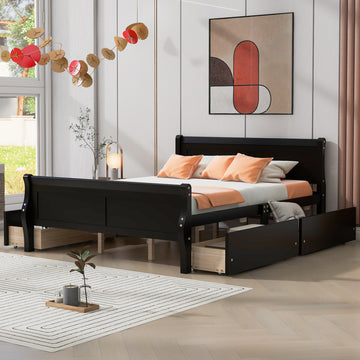 Queen Size Wood Platform Bed With 4 Drawers And Streamlined Headboard & Footboard, Espresso Queen Espresso Solid Wood Mdf