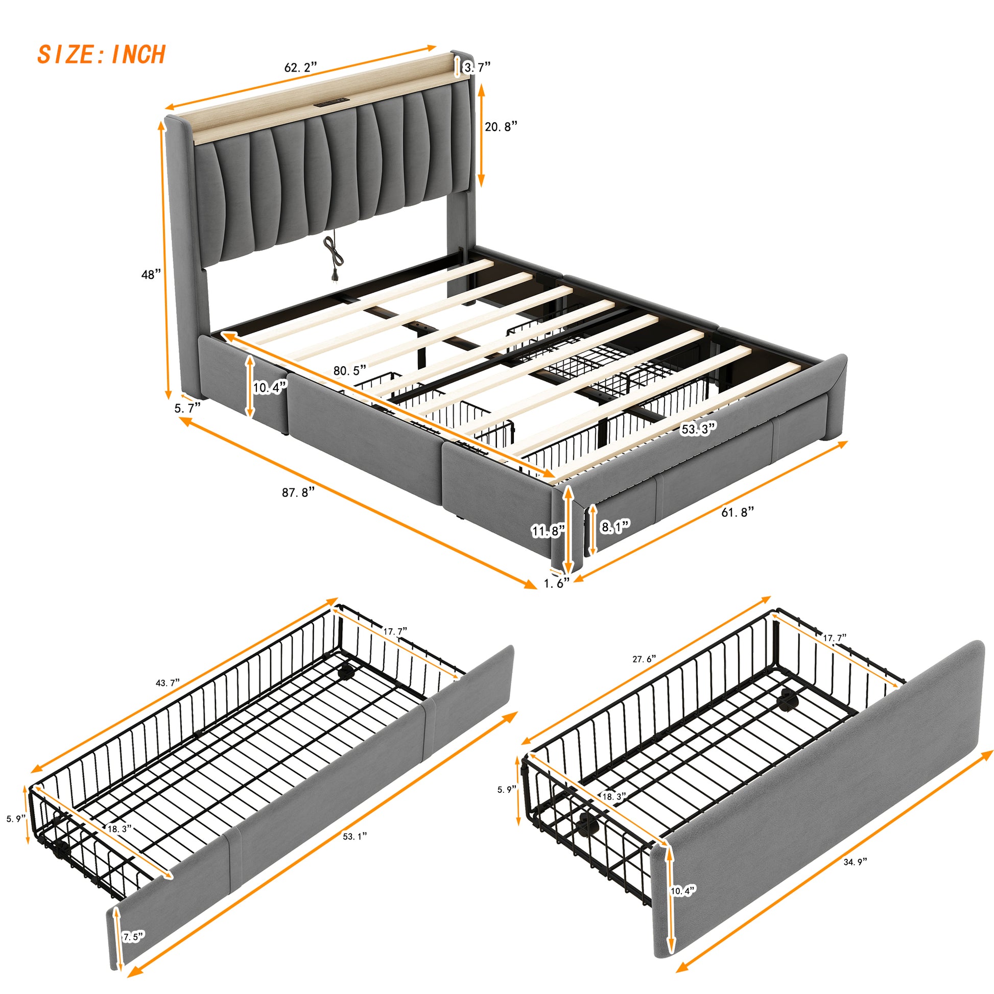 Queen Size Bed Frame With Storage Headboard And Charging Station, Upholstered Platform Bed With 3 Drawers, No Box Spring Needed, Dark Gray Dark Gray Velvet