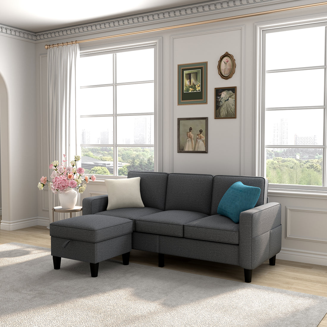 Sofas For Families, Apartments, Dorms, Bonus Rooms, Compact Spaces With Lounge Lounges, 3 Seater, L Shaped Design For The Chaise, 680 Lbs Capacity Dark Grey Dark Gray Metal & Wood