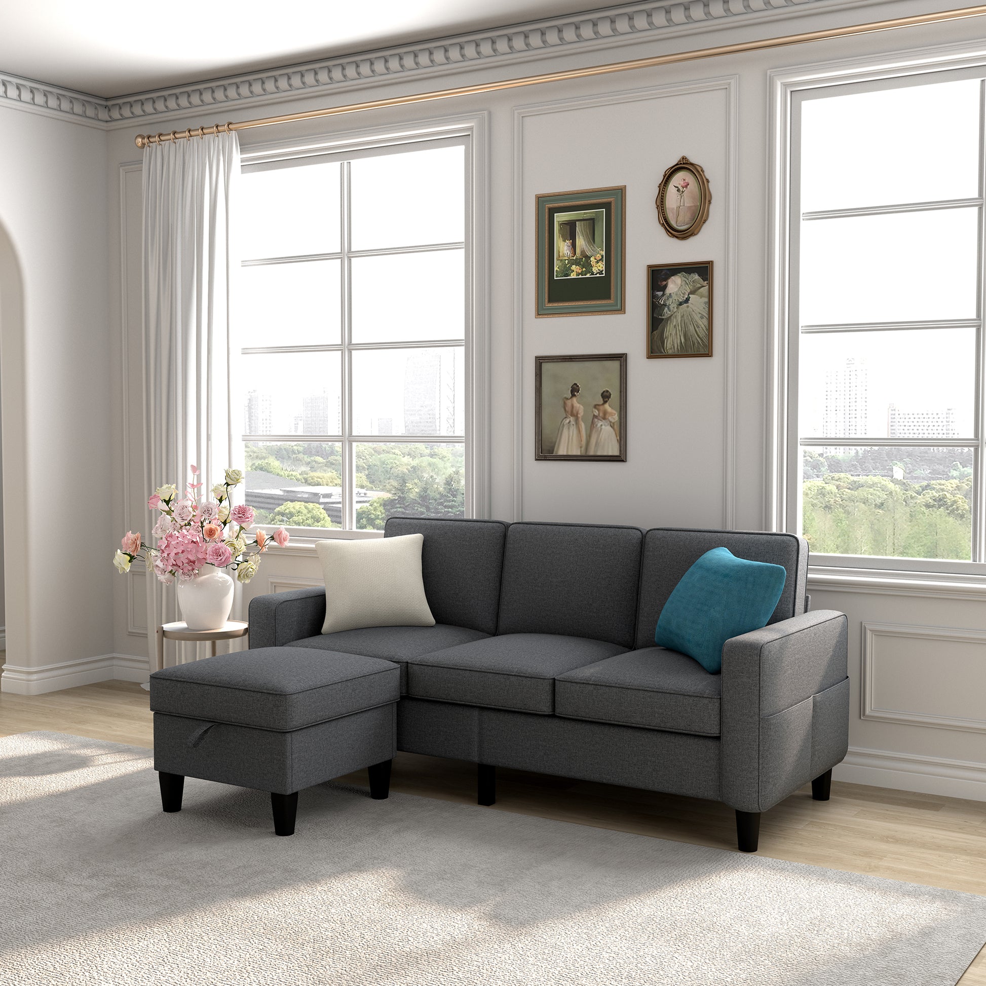 Sofas For Families, Apartments, Dorms, Bonus Rooms, Compact Spaces With Lounge Lounges, 3 Seater, L Shaped Design For The Chaise, 680 Lbs Capacity Dark Grey Dark Gray Metal & Wood