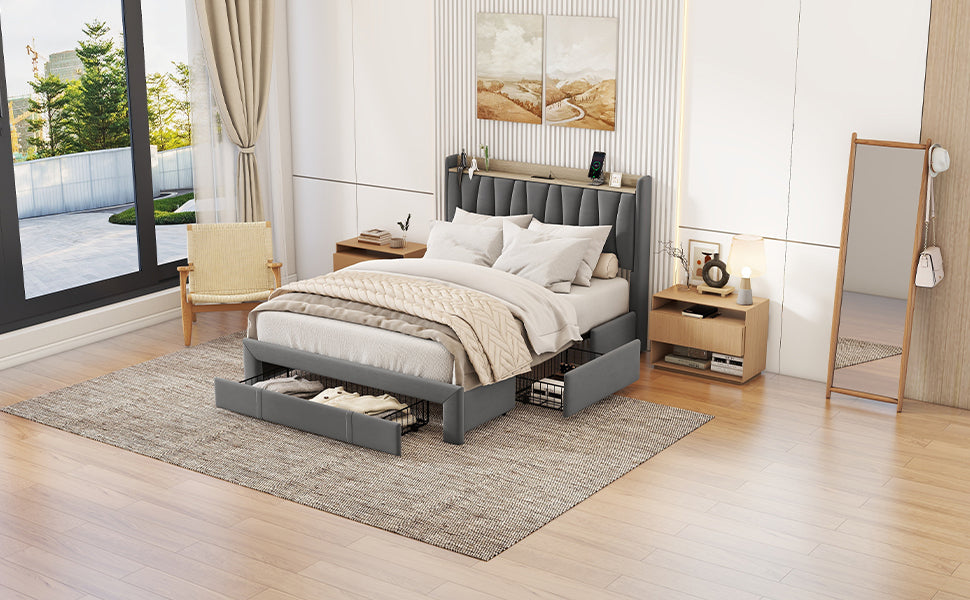 Queen Size Bed Frame With Storage Headboard And Charging Station, Upholstered Platform Bed With 3 Drawers, No Box Spring Needed, Dark Gray Dark Gray Velvet