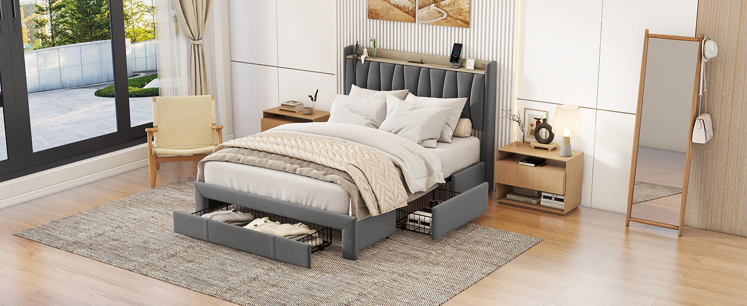 Queen Size Bed Frame With Storage Headboard And Charging Station, Upholstered Platform Bed With 3 Drawers, No Box Spring Needed, Dark Gray Dark Gray Velvet