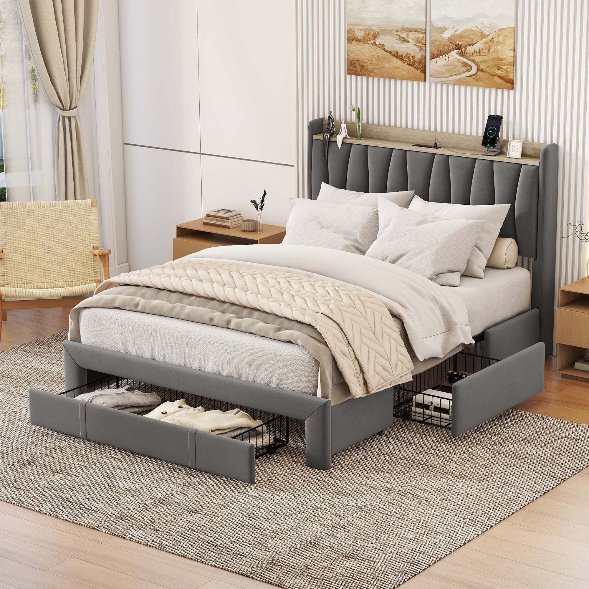 Queen Size Bed Frame With Storage Headboard And Charging Station, Upholstered Platform Bed With 3 Drawers, No Box Spring Needed, Dark Gray Dark Gray Velvet