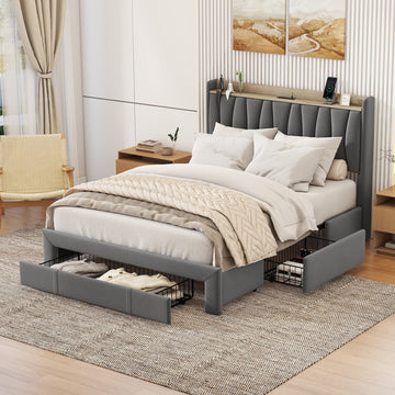 Queen Size Bed Frame With Storage Headboard And Charging Station, Upholstered Platform Bed With 3 Drawers, No Box Spring Needed, Dark Gray Dark Gray Velvet