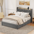 Queen Size Bed Frame With Storage Headboard And Charging Station, Upholstered Platform Bed With 3 Drawers, No Box Spring Needed, Dark Gray Dark Gray Velvet