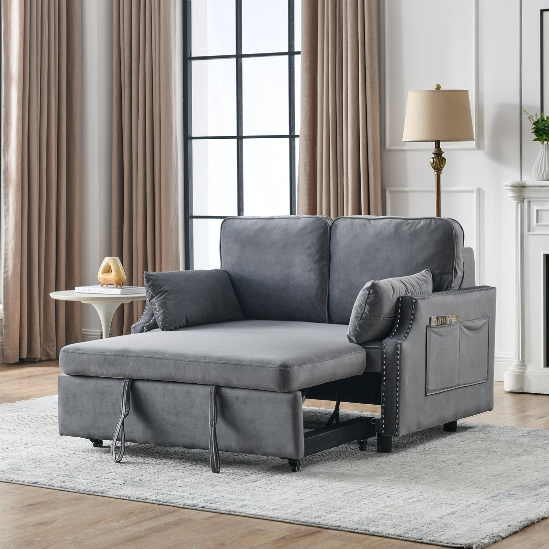 50" Velvet Upholstered Sleeper Sofa Bed With Side Storage Pockets, Design, 2 Seater Sofa With 2 Pillows And Removeable Backrest Pull Out Sofa Bed For Small Spaces In Living Rooms, Apartm Grey Velvet Primary Living Space Foam Velvet 2 Seat