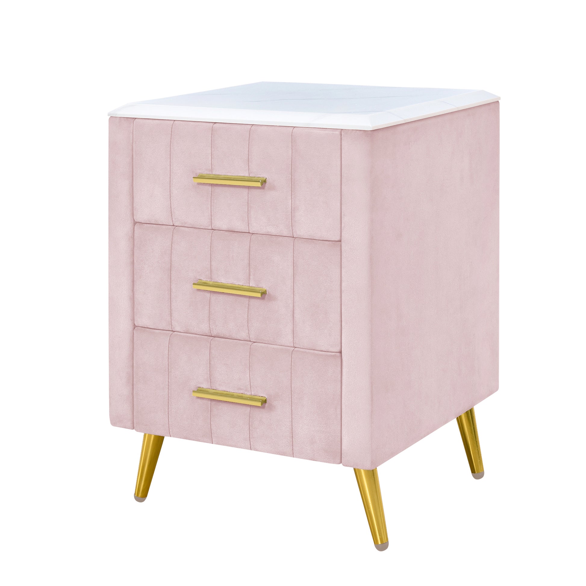 Upholstered Wooden Nightstand With 3 Drawers And Metal Legs&Handles,Fully Assembled Except Legs&Handles,Bedside Table With Marbling Worktop Pink Pink Velvet