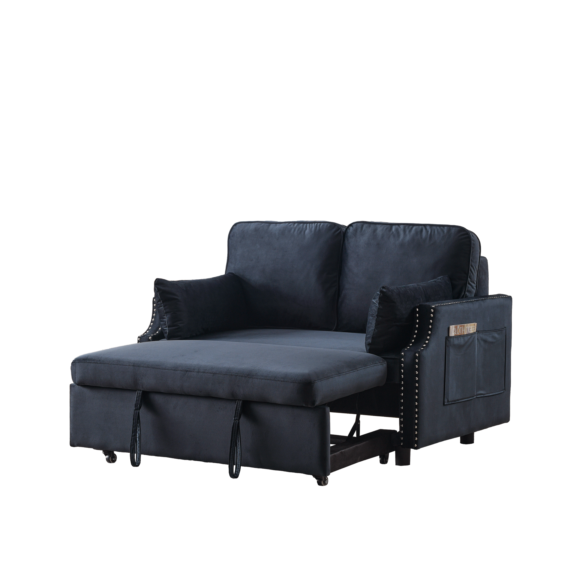 50" Velvet Upholstered Sleeper Sofa Bed With Side Storage Pockets, Design, 2 Seater Sofa With 2 Pillows And Removeable Backrest Pull Out Sofa Bed For Small Spaces In Living Rooms, Apartm Black Velvet Primary Living Space Foam Velvet 2 Seat