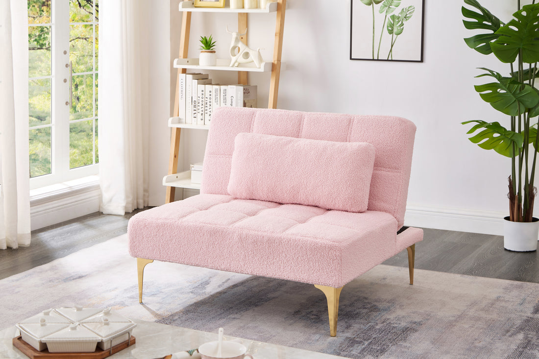 Convertible Single Sofa Bed Futon With Gold Metal Legs Teddy Fabric Pink Pink Teddy Foam Fabric