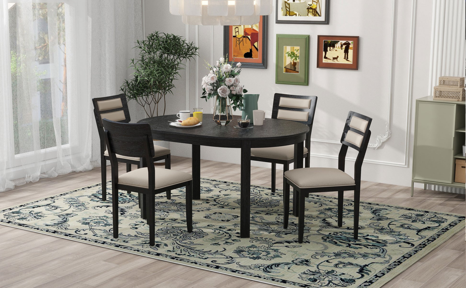 5 Piece Multifunctional Dining Table Set, Farmhouse Dining Set With Extendable Round Table,Two Small Drawers And 4 Upholstered Dining Chairs For Kitchen And Dining Room Black Black Solid Wood