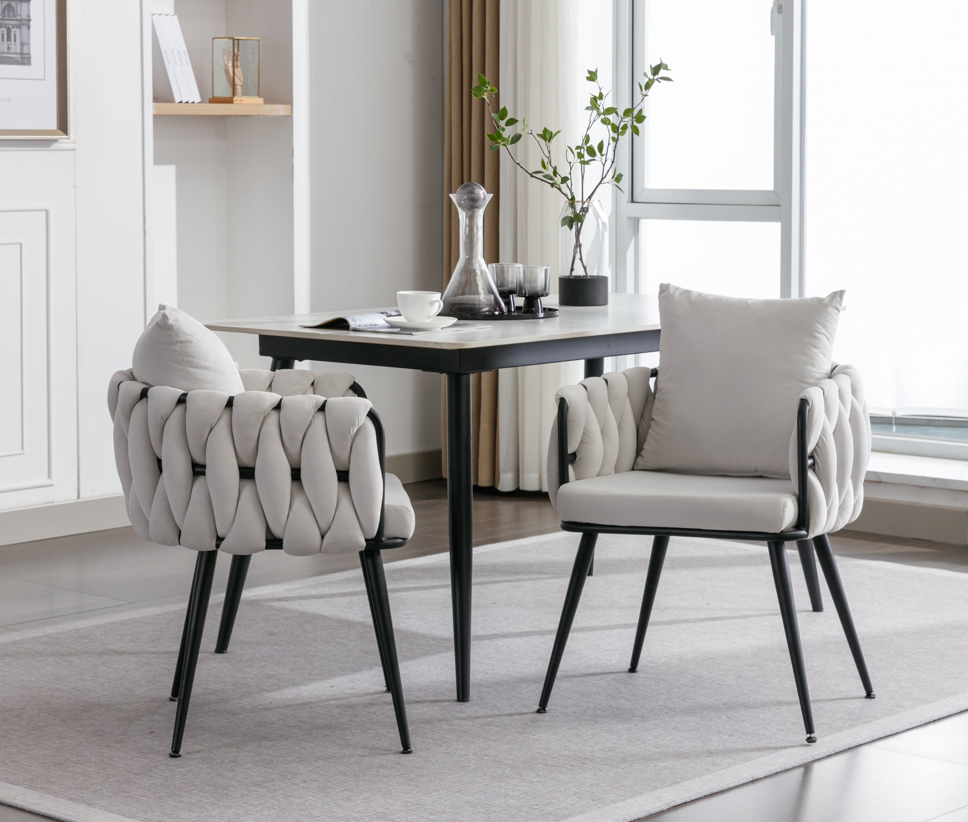 Pure Ivory Modern Velvet Dining Chairs Set Of Hand Weaving Accent Ch