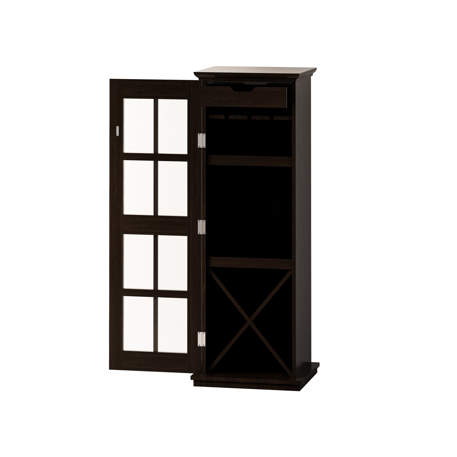 Modern Glass Door Wine Cabinet With Three Layer Design, With Drawer And X Shaped Wine Rack, For Living Room, Kitchen, Dining Room, Bar Brown Particle Board