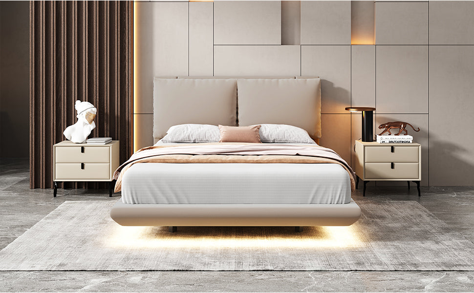 Full Size Upholstered Platform Bed With Sensor Light And 2 Large Backrests, Stylish Platform Bed With 2 Sets Of Usb Port And Socket On Each Rear Bed Leg, Beige Beige Velvet