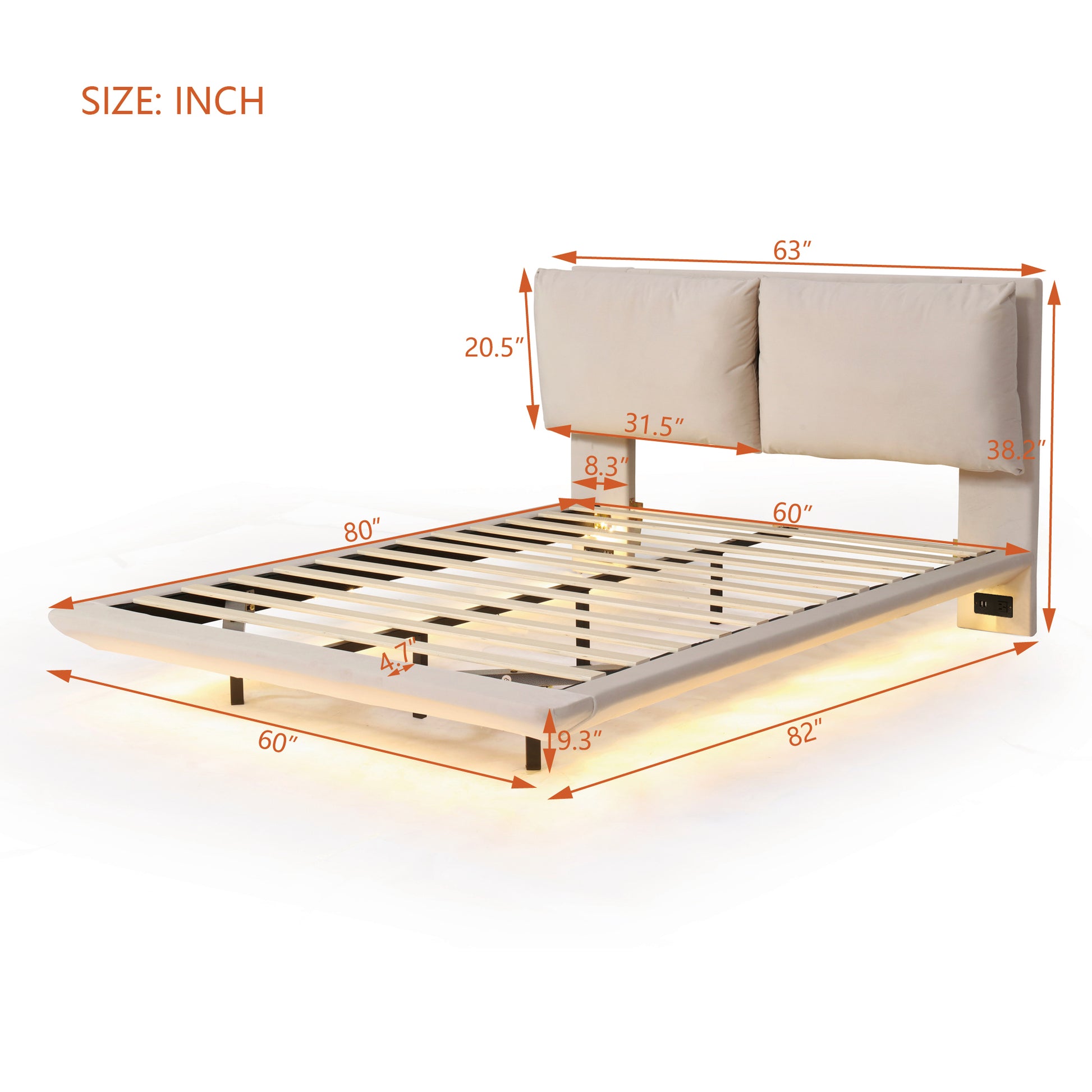 Queen Size Upholstered Platform Bed With Sensor Light And 2 Large Backrests, Stylish Platform Bed With 2 Sets Of Usb Port And Socket On Each Rear Bed Leg, Beige Beige Velvet