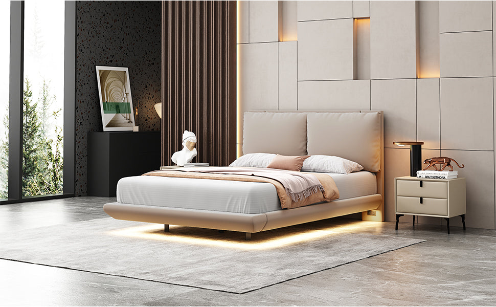 Full Size Upholstered Platform Bed With Sensor Light And 2 Large Backrests, Stylish Platform Bed With 2 Sets Of Usb Port And Socket On Each Rear Bed Leg, Beige Beige Velvet