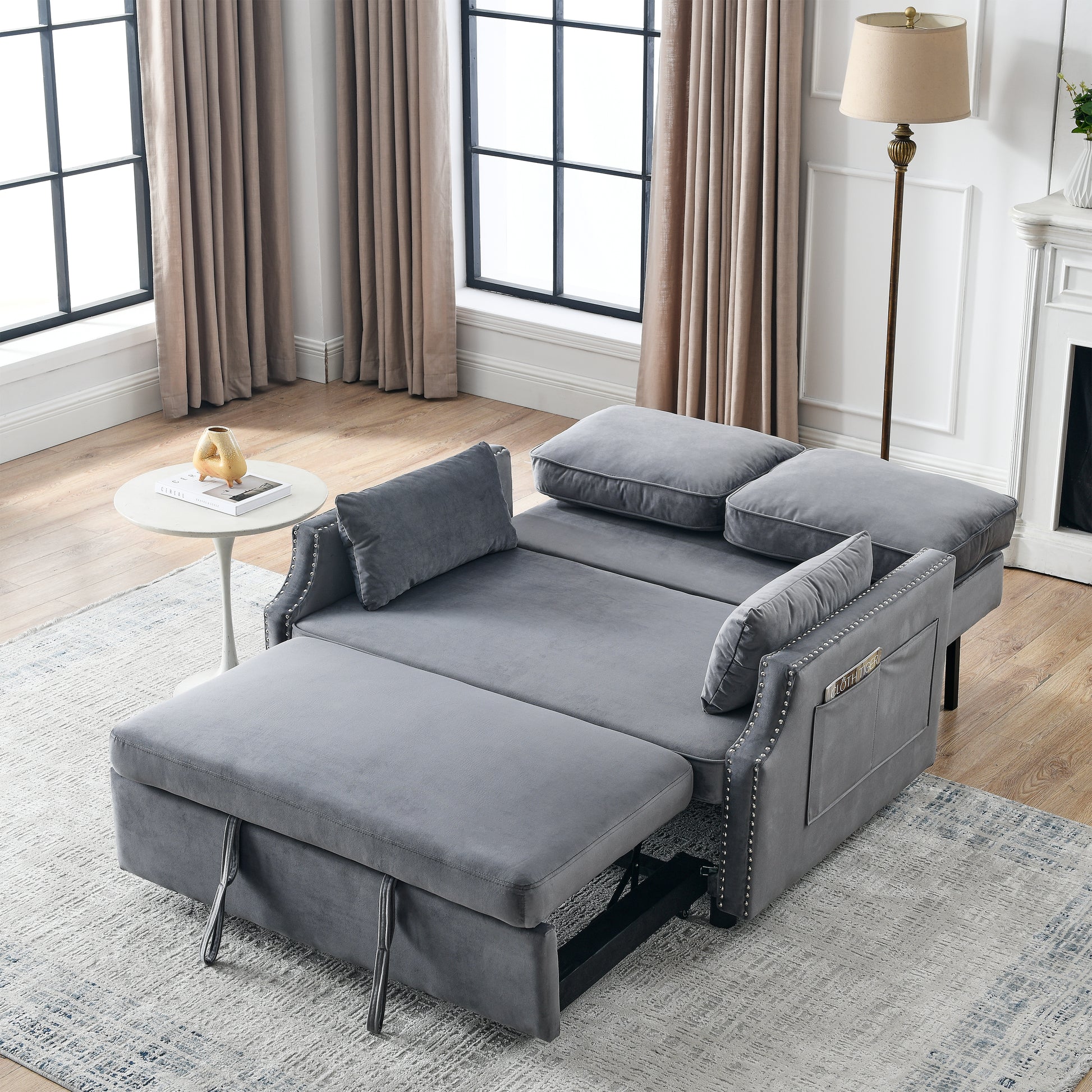 50" Velvet Upholstered Sleeper Sofa Bed With Side Storage Pockets, Design, 2 Seater Sofa With 2 Pillows And Removeable Backrest Pull Out Sofa Bed For Small Spaces In Living Rooms, Apartm Grey Velvet Primary Living Space Foam Velvet 2 Seat