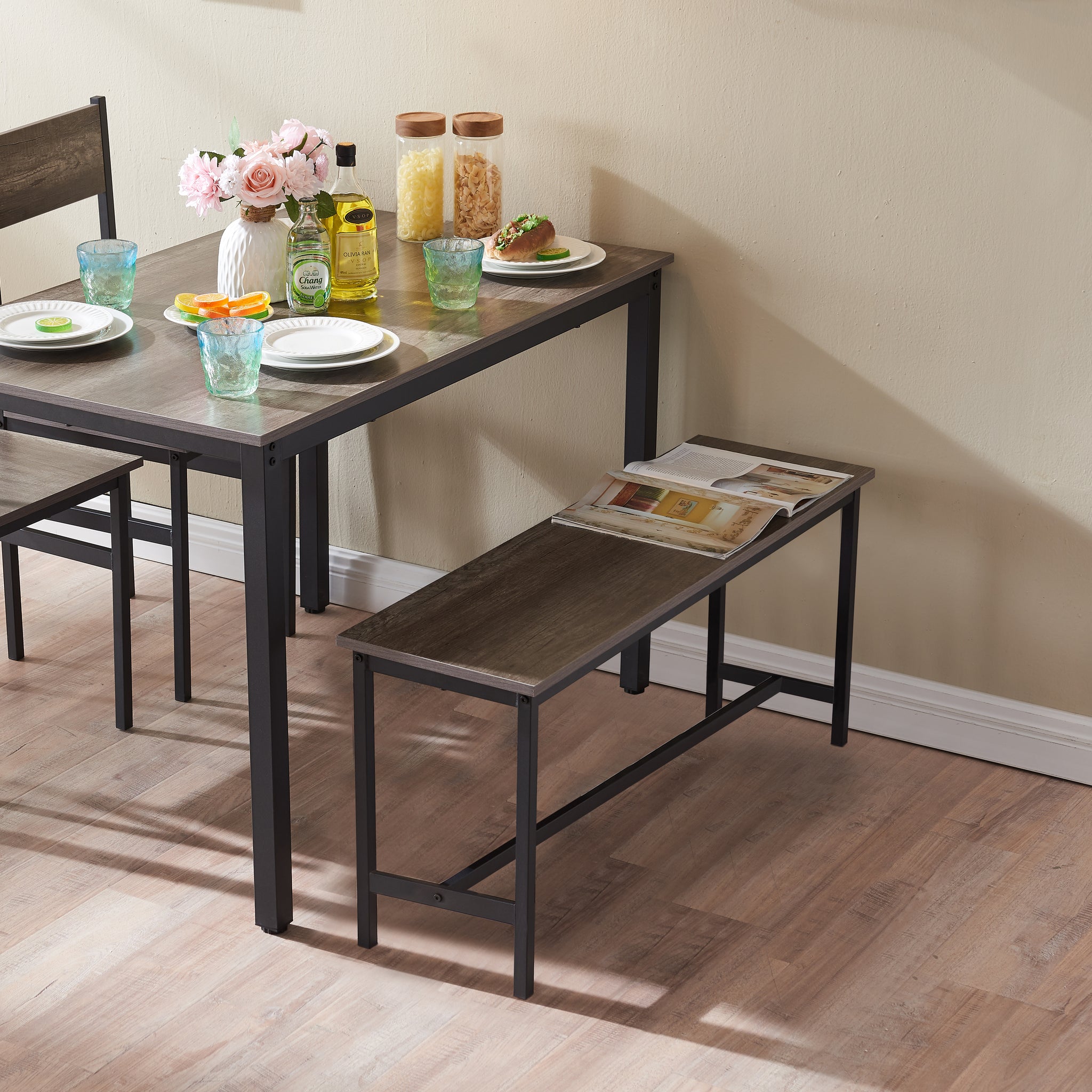 Dining Table Set For 4, Kitchen Table With 1 Benches,Wood Tabletop And Metal Frame Black Gray Metal & Wood